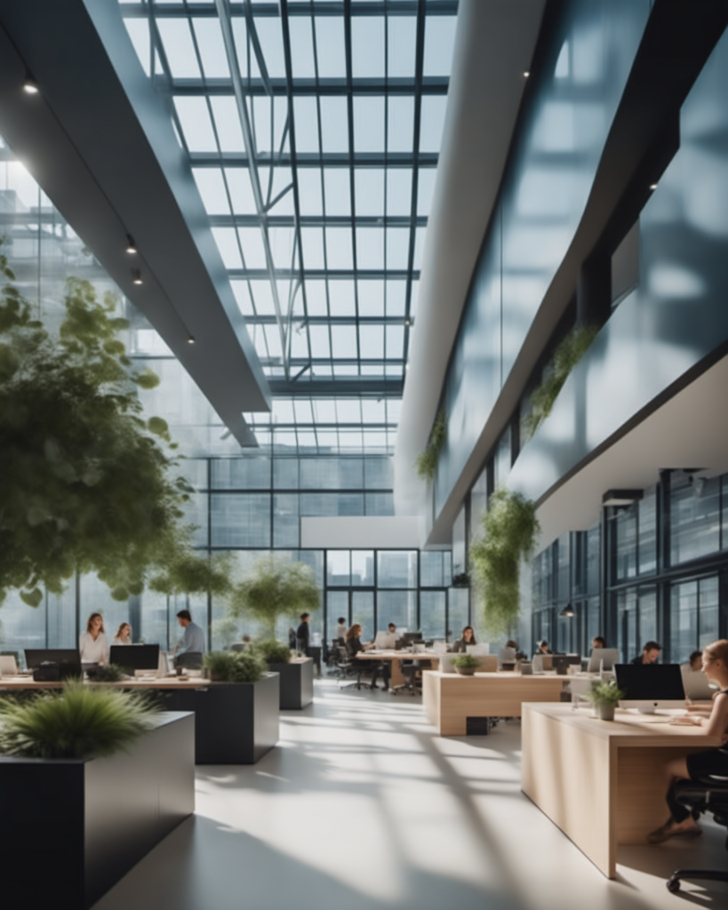 (We Work building) bustling with activity during the day. A clear glass facade showcases brightly lit, open plan workspaces, filled with people. They are engaged in discussions, typing away on laptops, or in deep concentration. Co-working spaces with modern design, steel and wood furniture, green indoor plants for eco-friendly touch. Blurred cityscape in the background. Bright, natural light filters in, casting soft shadows. Vibrant yet professional color palette. Detailed, realistic rendering of corporate environment.