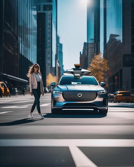 autonomous drinving car next to a beautiful woman